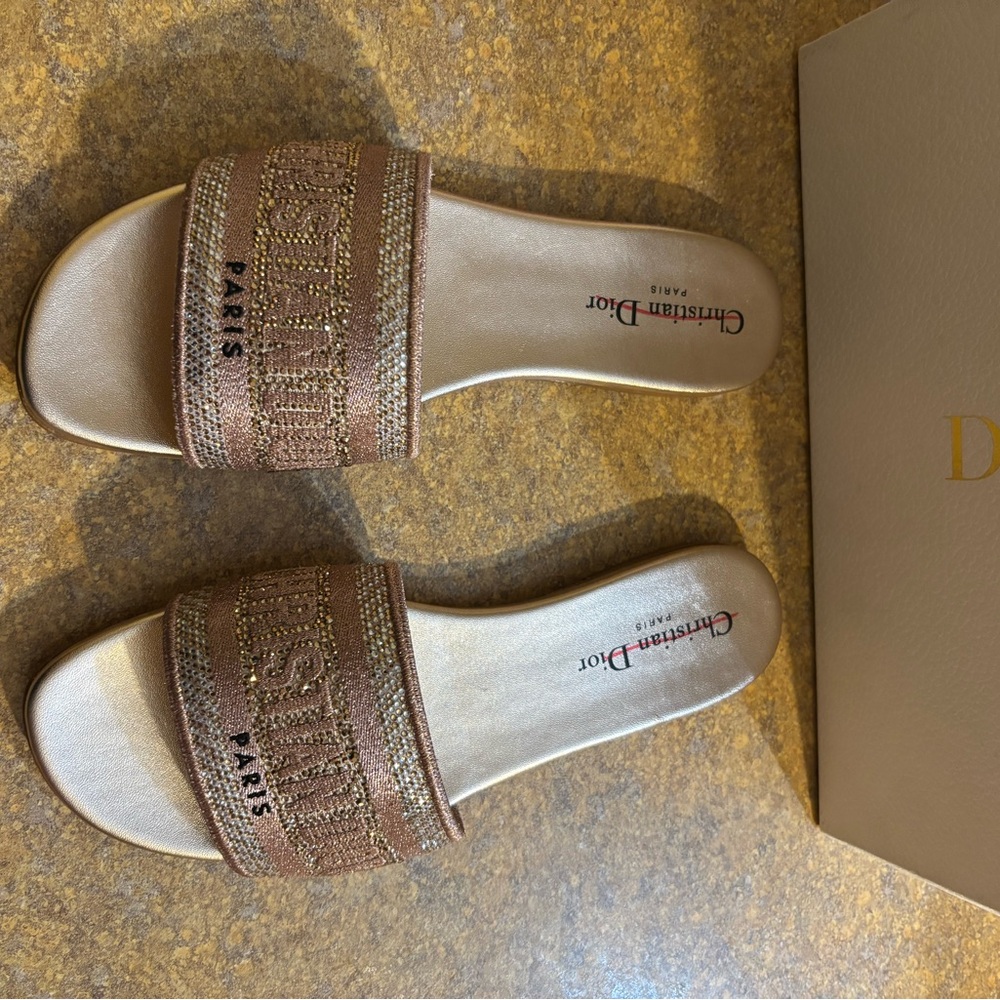 Dior Women's Gold and Brown Slide Sandals